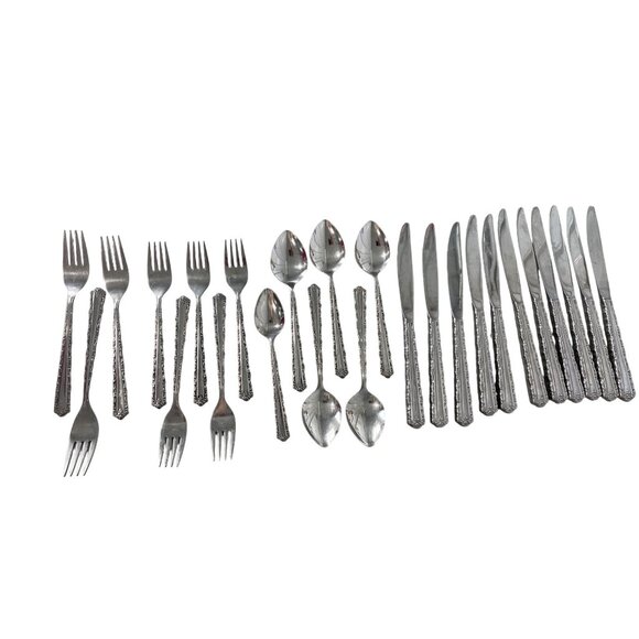 Oneida Deluxe Stainless Flatware Set Cherie 25 Piece 1970s Siver Tone Silverware - Picture 1 of 9